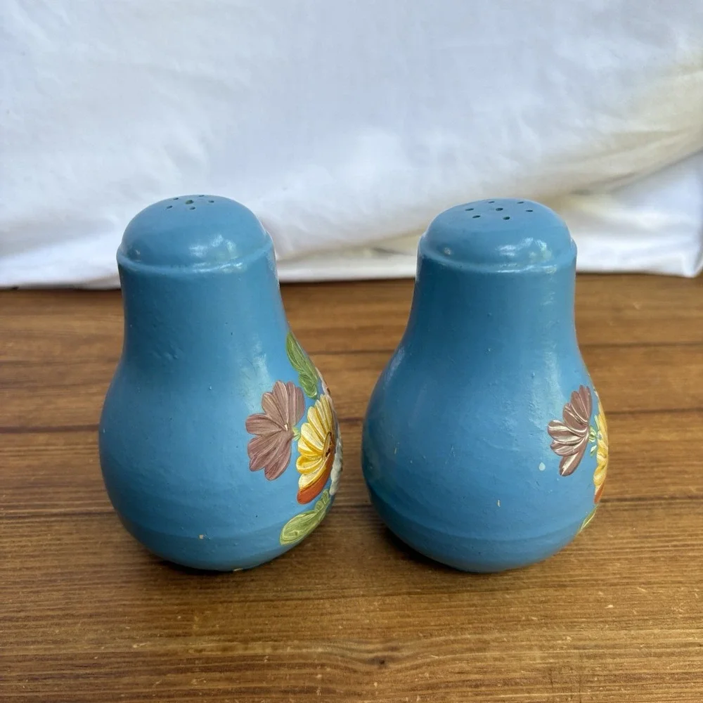 Vintage Ransburg Pottery Blue Floral Hand Painted Salt Pepper Shakers MCM